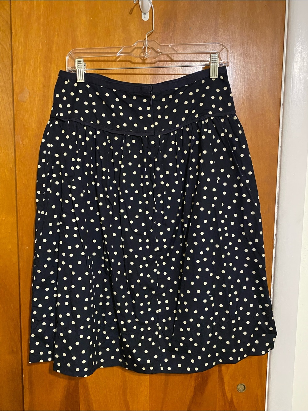 J. Crew Flirty Navy Circle Skater Skirt with White Polka Dots, Ribbon Trim, Sz 4